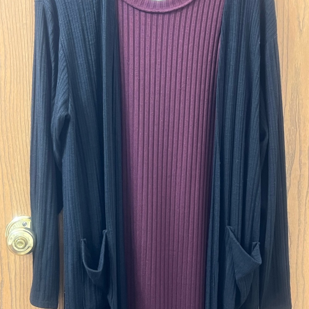 Black Cardigan with Purple Ribbed Dress